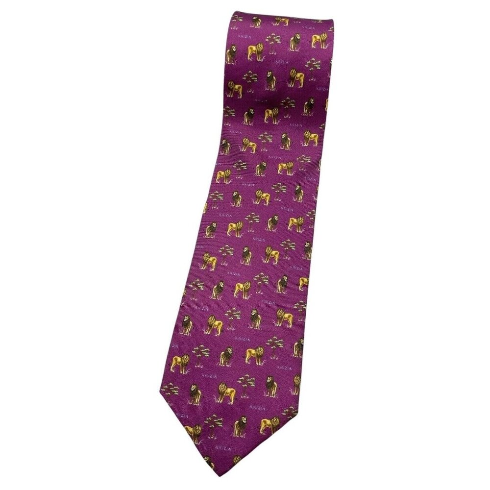 KRIZIA Men's 100% Silk Necktie LUXURY Tie Purple Lion Logo W:3.6" EUC